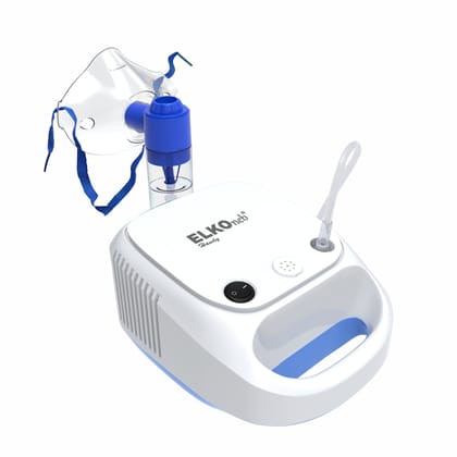ELKO Handy Piston Compressor Nebulizer Machine with Complete Mask Kit-White & Blue