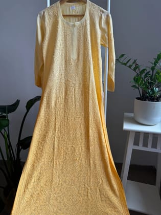 Muslin Chikankari Kurti - Yellow Ombre-Yellow / Muslin / XL