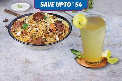 Non Veg Half Kg Biryani + Beverage Meal __ Lucknowi Chicken Dum Biryani (Boneless) - Serves 1,Masala Lemonade (180 Ml)