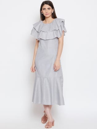 Women Grey & White Striped A-Line Dress