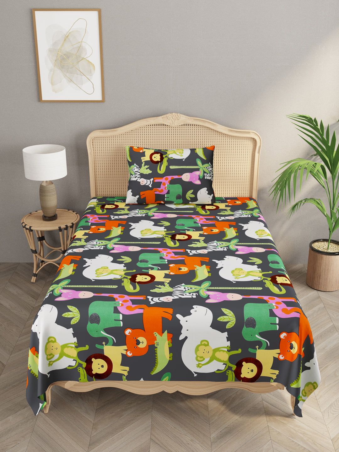 Polycotton Kids Print Single bedsheet with 1 Pillow Cover-Cartoon Characters / Single (60X 90 Inches)
