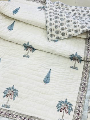 The Banana Tree Hand-block Printed Double Bed Reversible Quilt | Double Bed Mul-Cotton Hand Quilted Razai 7.5 feetx9feet | Jaipuri Quilt| Mulmul Blanket