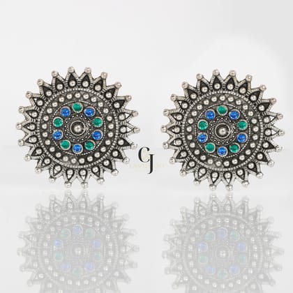 18K PLATINUM PLATED TRIBAL BLUE AND GREEN STONE STUDDED EARRING - LE 1083 EARRINGS AND RING