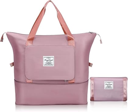 Nylon 41 Liter Expandable Travel Bags For Women, Duffle Bags For Women Luggage, Foldable Vanity Traveling Bag, Waterproof Hand Bag For Ladies Personal Items, Colour Sakura Pink - 22 Cm