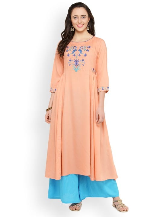 Women Peach-Coloured Embroidered A-Line Kurta