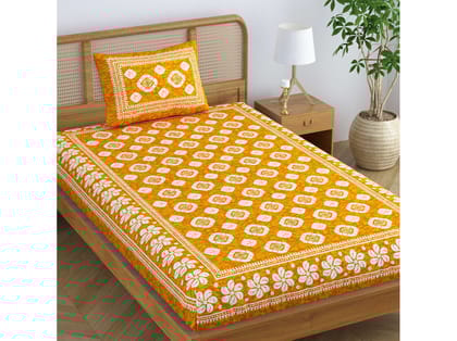 SheetKart Blossoms 100% Pure Cotton Jaipuri Printed Bedsheet for Single Bed, Traditional Ethnic Bed Cover  - Yellow