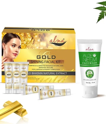 Alna Gold Shinning Facial Kit 75gm with Aloe Neem Face Wash 75ml For All Skin Type , Pack of 2