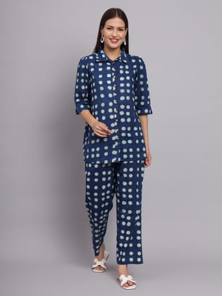 Navy Blue Polka Dot Cotton Co-ord Set-M