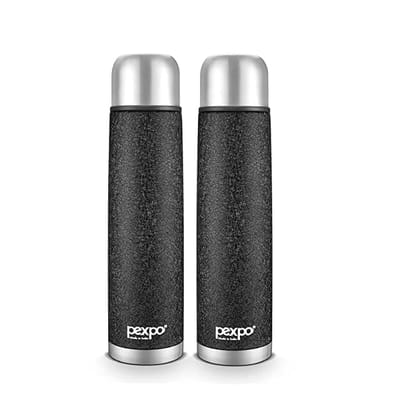 Pexpo 24 Hrs Hot & Cold, 750 ML Stainless Steel Insulated ISI Certified Flask with Jute Bag, Black, Pack of 2,Flamingo | Leak-Proof | Eco-Friendly | Office | Home | kitchen | Travelling | Hiking Flask