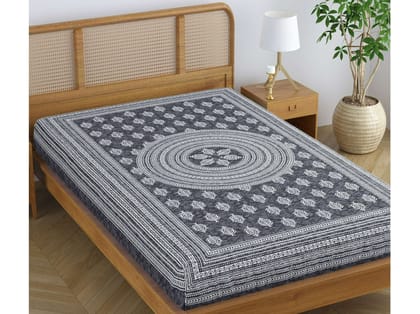 SheetKart Motif Mandala Floral 144 TC 100% Cotton Single Bedsheet Jaipuri Printed Bed Cover  - Grey