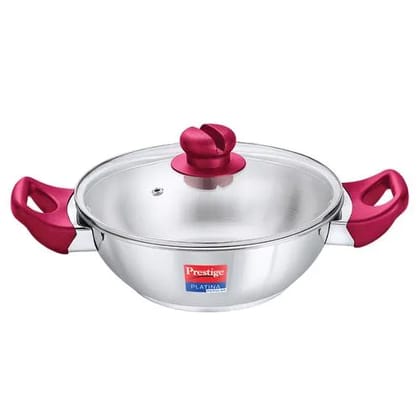 Prestige Platina Popular Stainless Steel Unique Impact Forged Bottom Kadai with Toughened Glass Lid, 26 Cm (3.8 L) (Silver)