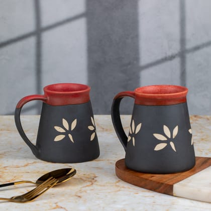 Handcarved and Handglazed Ceramic Tea Cups and Ceramic Coffee Mugs of 2 | Microwave Safe | Dishwasher Safe | Brown and Black with Leafs | H-4" D-3.5"