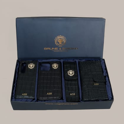 Customized Black Combo Of Deep Cut Croco Mobile Covers, Pen Holder and Long Wallet By Brune & Bareskin-11 / Fold 2 / FS