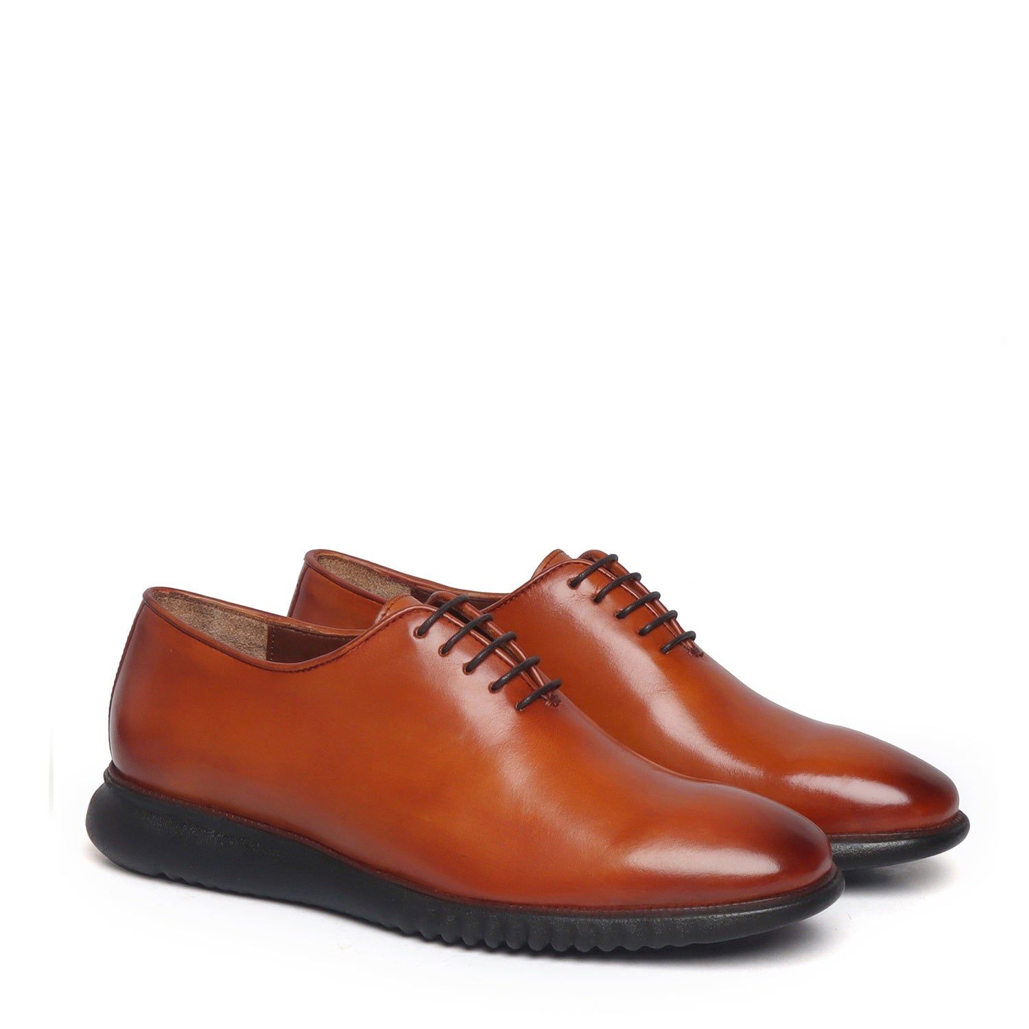 Tan Leather Oxford Lace-Up Sneakers With Black Light Weight Sole-40/6
