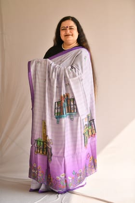 Lavender Purple Chanderi Silk Hand Painted Designer Saree