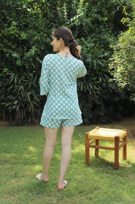 Snow Green Ikat Print Cotton Kurta Shorts Set
