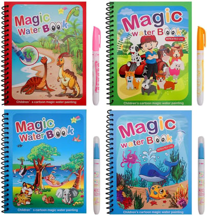 Magic Water Book For Kids With Magical Water Doodle Pen, Reusable Self Drying Water Painting Books, Best Montessori Toy Gift, Age 3+ Years, Pack Of 4