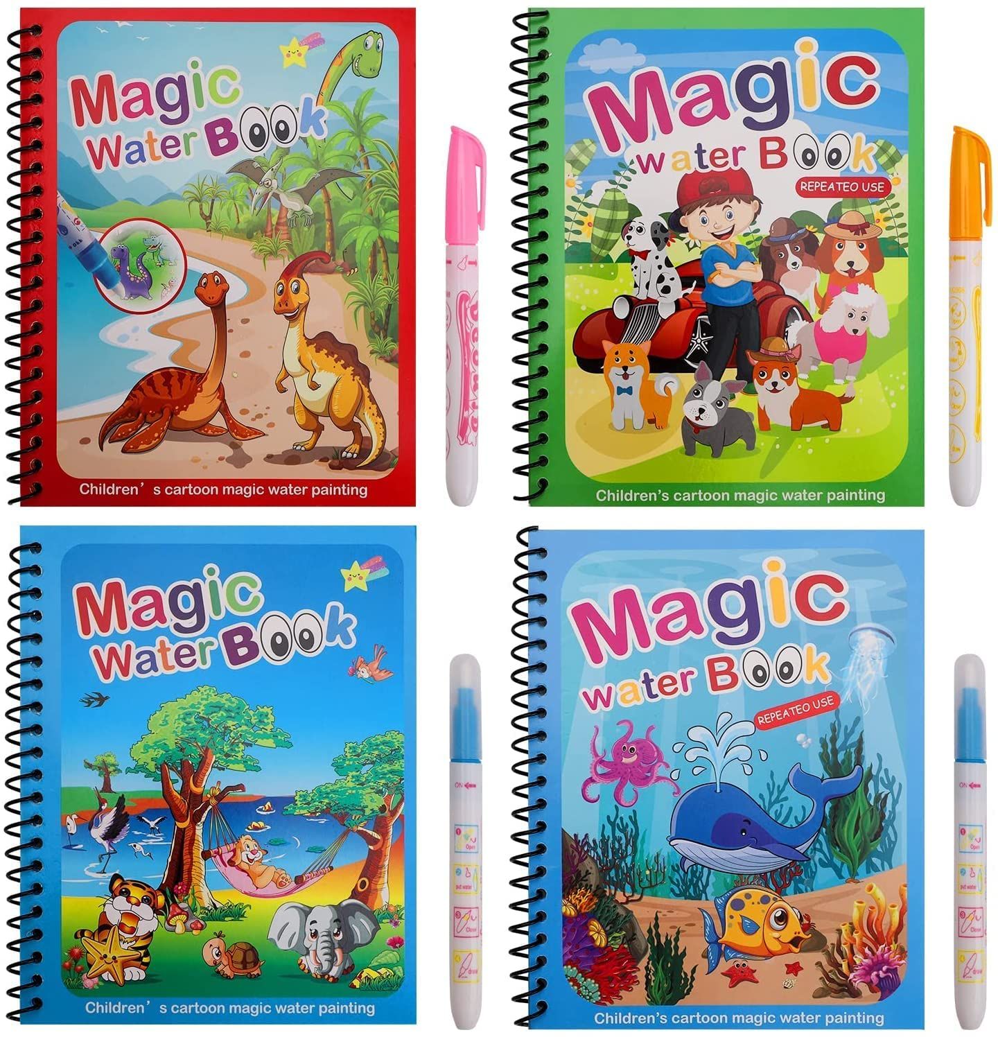 Magic Water Book For Kids With Magical Water Doodle Pen, Reusable Self Drying Water Painting Books, Best Montessori Toy Gift, Age 3+ Years, Pack Of 4