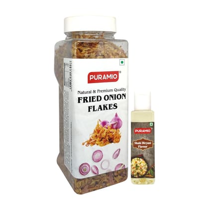 Puramio Biryani Combo Pack - Fried Onion Flakes, 250 gm & Shahi Biryani Flavour, 30 ml