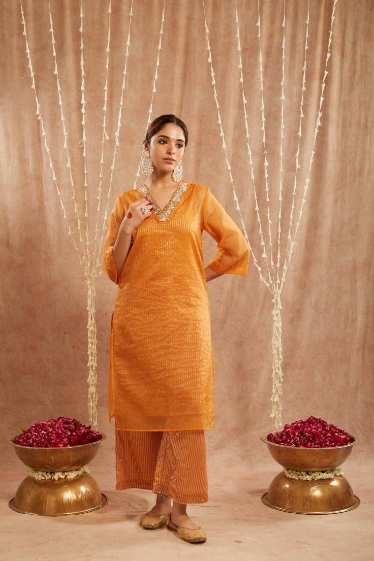 Orange Lily Floral Embroidred Kurta with Flared Pants-XXS / XXS