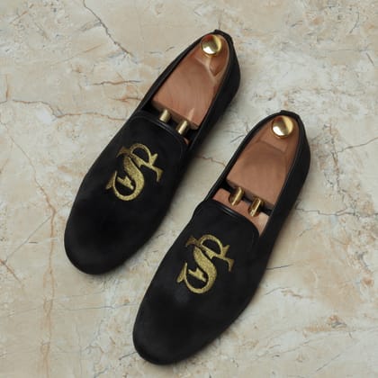 ST Initials Handcrafted Black Italian Velvet Slip-On by Brune & Bareskin-40/6