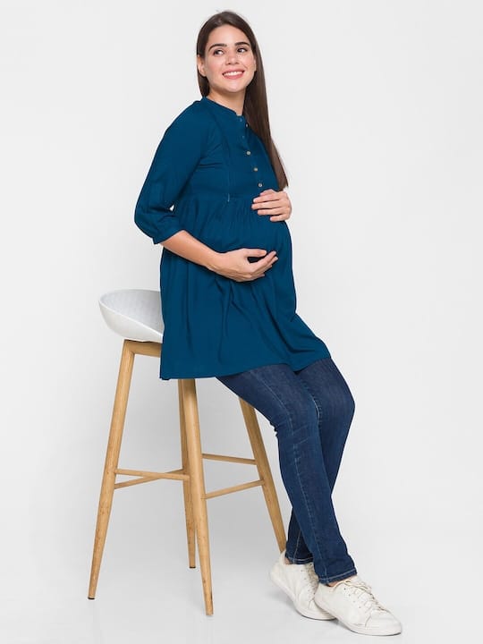 Turquoise Blue Mandarin Collar Empire Longline Maternity Top & Plus Size