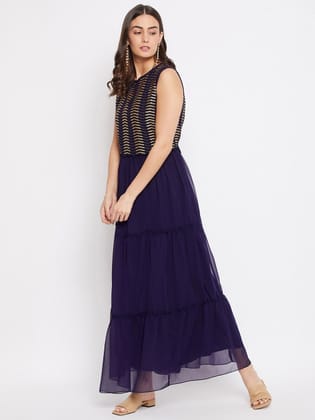 Blue Embellished Georgette Maxi Dress