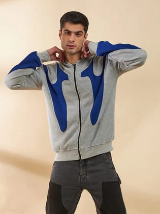 Grey & Royal Blue Cut Sew Zipped Hoodie-L