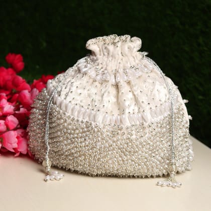 White Potli Bag Hand embroidered and Embellished with Swarovski Crystals & Pearls