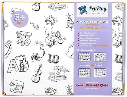         Pepplay Reusable 4 Coloring Placemats Sheet with Sketch Pens + 1 Pencil, Travel Coloring Art Kit for Kids for 3+ Years Age Group - My First Educational Set - Alphabets Doodle Art Kit       