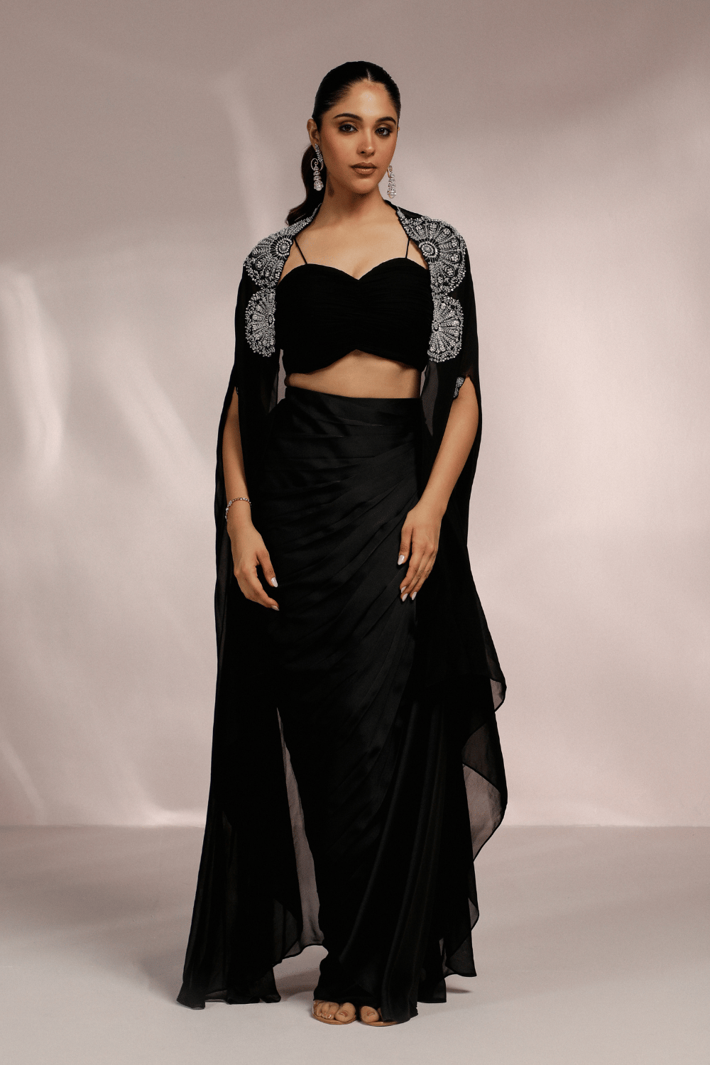 Black Embroidered Cape Set-XS
