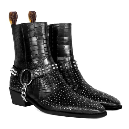Metal Studded Black Cuban Heel Boots with Strap in Deep Cut Leather-40/6