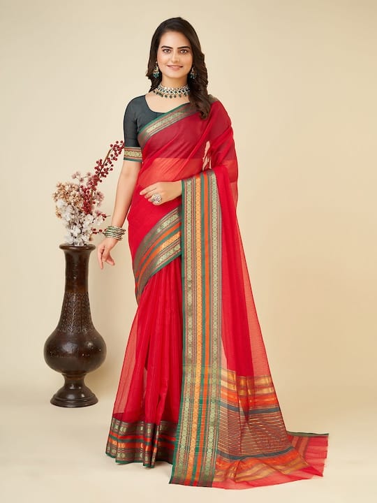 Checked Zari Detailed Chanderi Saree