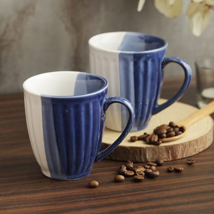 AZURE Bhumija Earth Collection Ceramic Mugs to Gift to Best Friend Tea Coffee Milk Mugs Microwave Safe, Tea Cups, Set of 2, 300 ml Capacity, Blue+ White Colour-Set of 2