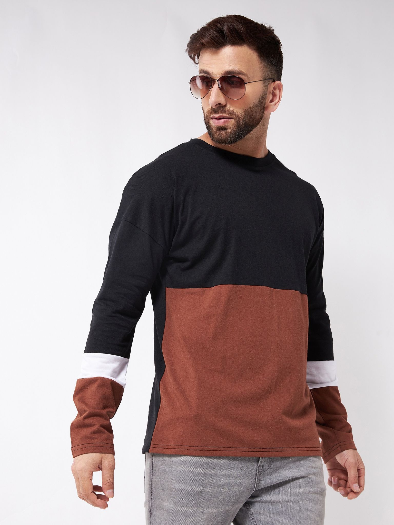 Gritstones Men Brown and Black Color Round Neck Colorblock Oversize Drop Shoulder Cotton T-Shirt