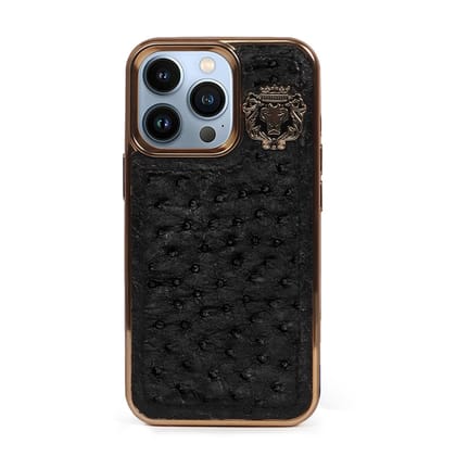 Golden Rim Mobile Cover in Black Real Ostrich Leather with Metal Lion Logo-13Pro