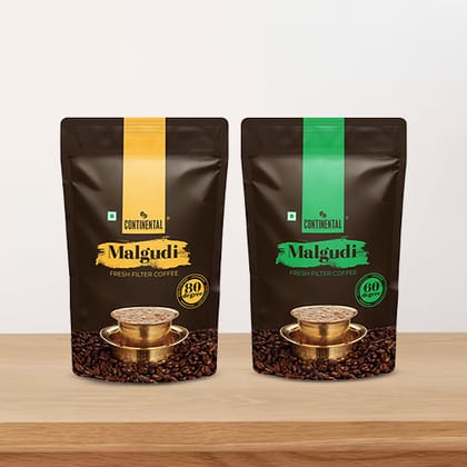 Continental Malgudi - 500g Pouch Combo | PACK OF 2 | 80% Coffee 20% Chicory + 60% Coffee  40% Chicory | Roast & Ground Coffee Powder | Filter Coffee Powder-1kg