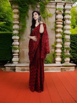 Designer Saree with Rhinstone & Thread Work by Shreekama-Maroon / Free Size
