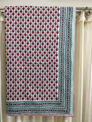 Red-Multicolor Handblock Printed Voile Cotton Double Dohar (108in x 86in) - Jaipur Handblocks
