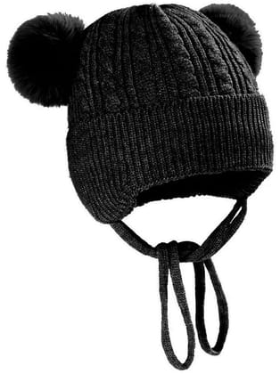INFISPACE Babys Super Warm Winter Woolen Skull Beanie Cap with Fur Inside| Double Pompom Baby Hat (Age: 6 Months to 3 Years) BlackColor - None