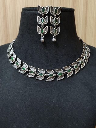 Silver Look-Alike Leaf Style Necklace Set with Dangler Earrings | Sarichka-Green