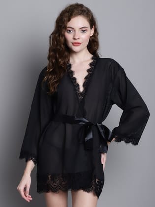 Overall Net With Deliciated Lace Robe-XL / Black