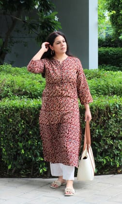 Cotton Handblock Kalamkari Maroon Straight Fit Kurta-S