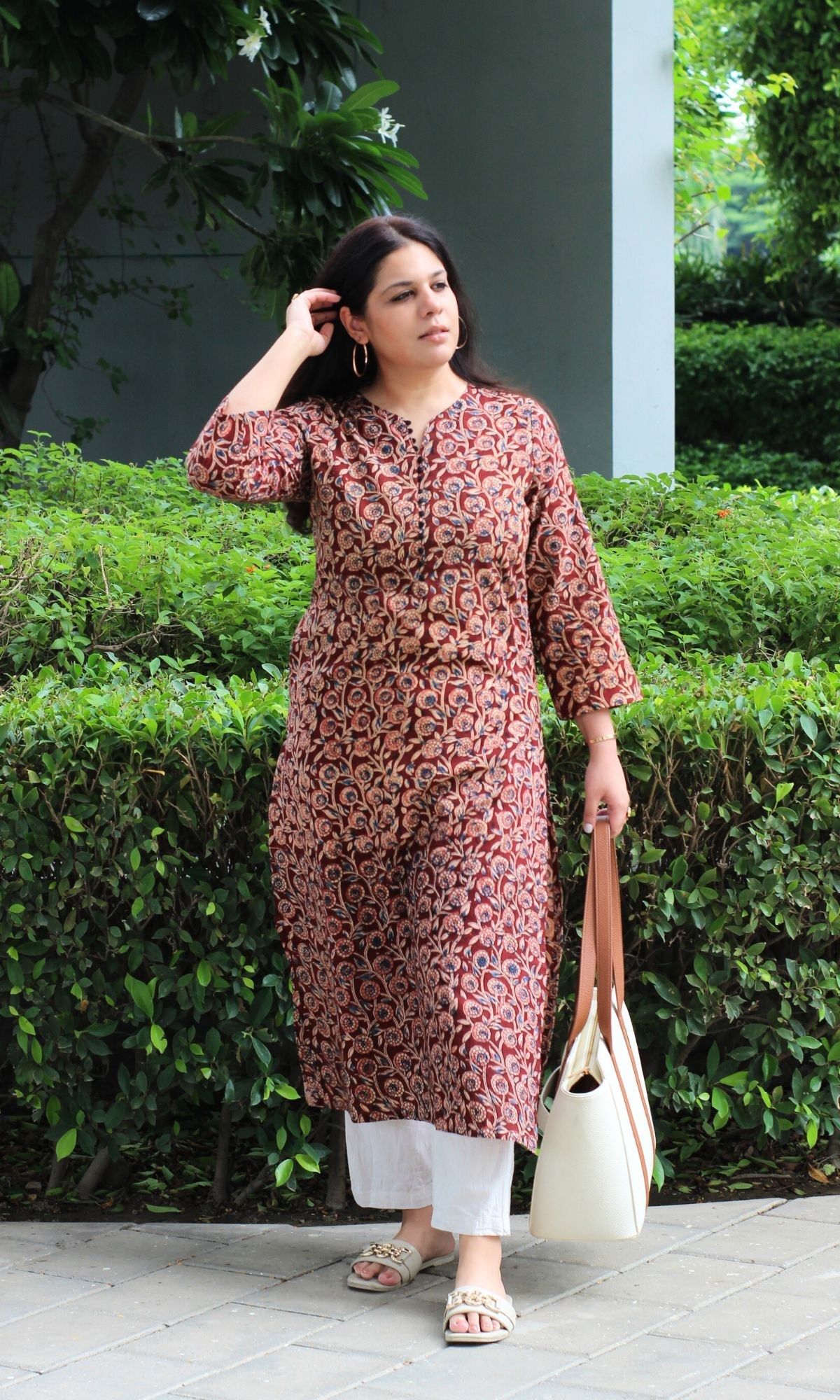 Cotton Handblock Kalamkari Maroon Straight Fit Kurta-XXS
