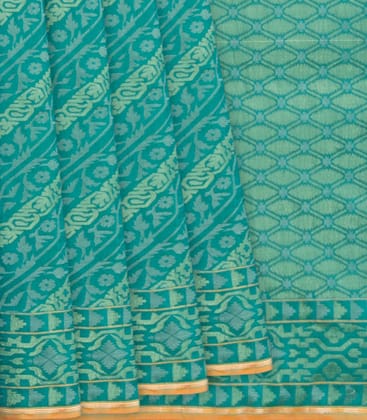 Cyan Handwoven Banarasi Silk Saree With Diagonal Vine Motifs-Cyan