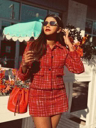 Tweed Crop Blazer & Skorts Coord Set-Red / S