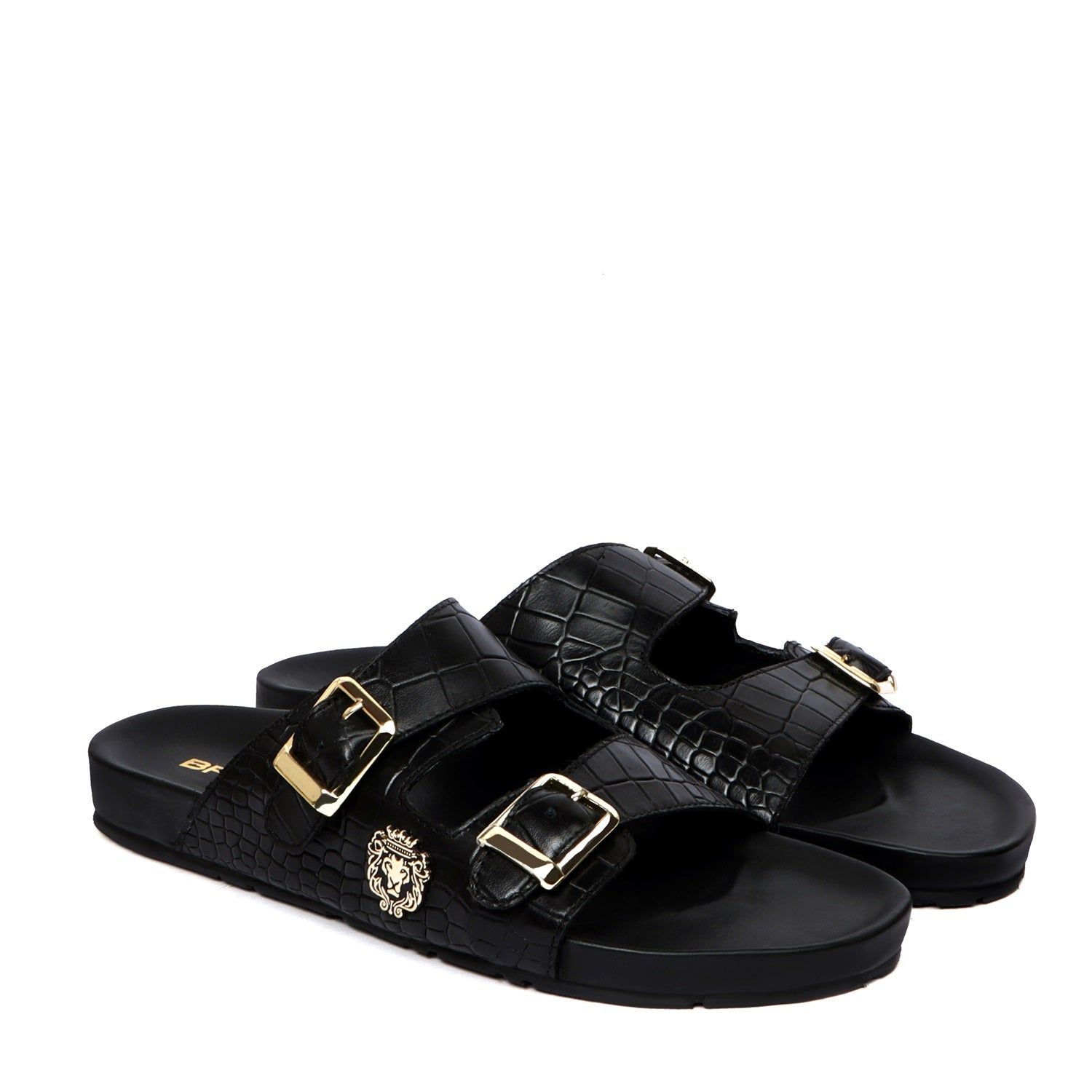 Adjustable Buckle Slide-in Slippers in Black Croco Textured Leather-40/6