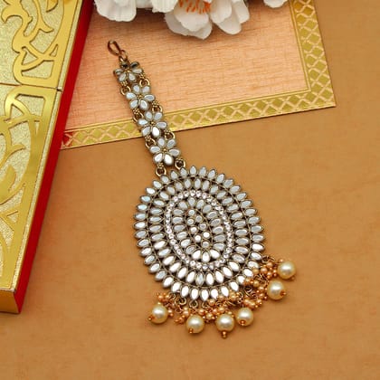 Gold Color Mirror Work Maang Tikka (MTK539GLD)-Length: 12.00 CM x Width: 5.50 CM / Gold / Alloy With Good Quality Gold Plated