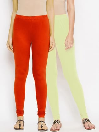 Women Pack of 2 Red & Cream Solid Churidar-Length Leggings