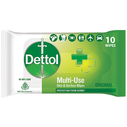 Dettol Disinfectant Sanitizer Wet Wipes, For Skin & Surfaces, Original, Multi, Use, 10 Pcs
